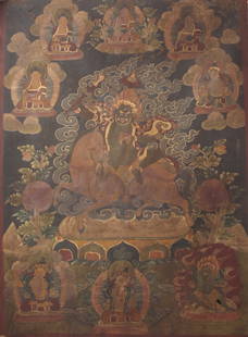 RARE HANDMADE TIBETAN THANGKA ON SILK: 19th Century; High: 27 inch; High: 19.8 inch