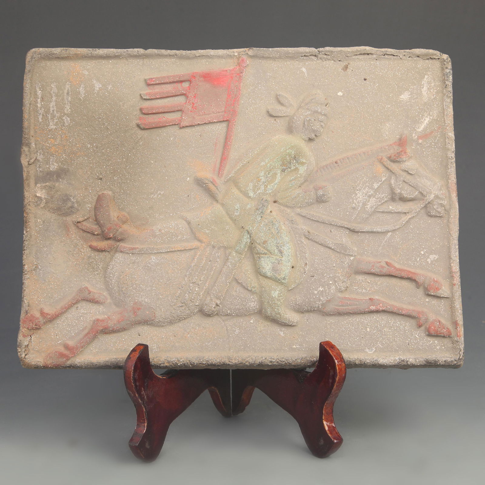 CERAMIC TILE CARVING OF A PERSON FROM THE TANG DYNASTY PLAYING XIJU: Tang Dynasty Style, High:7.50 inch; W:10.0 inch