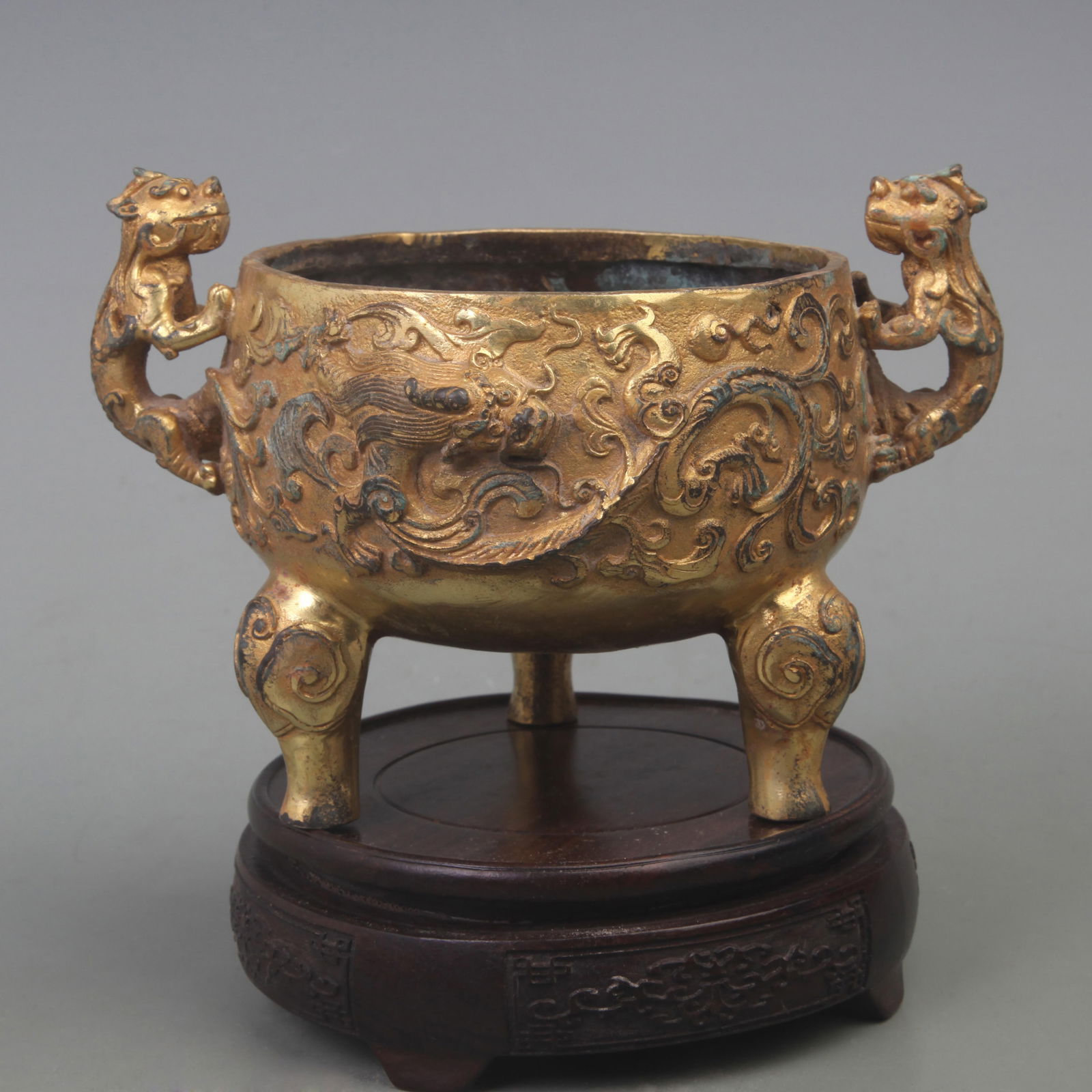 GILT THREE LEGS BRONZE INCENSE BURNER WITH DRAGON MOTIFS (1 of 4)