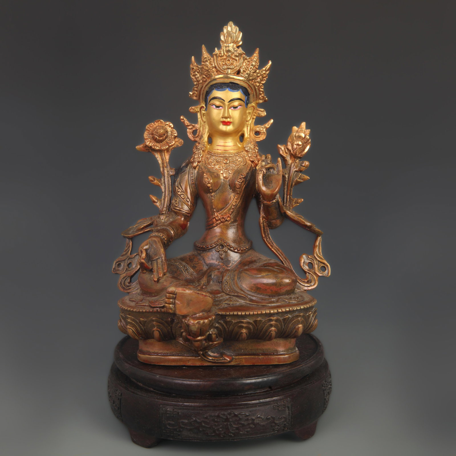 TIBETAN BUDDHISM BRONZE GILT GREEN TARA STATUE (1 of 5)
