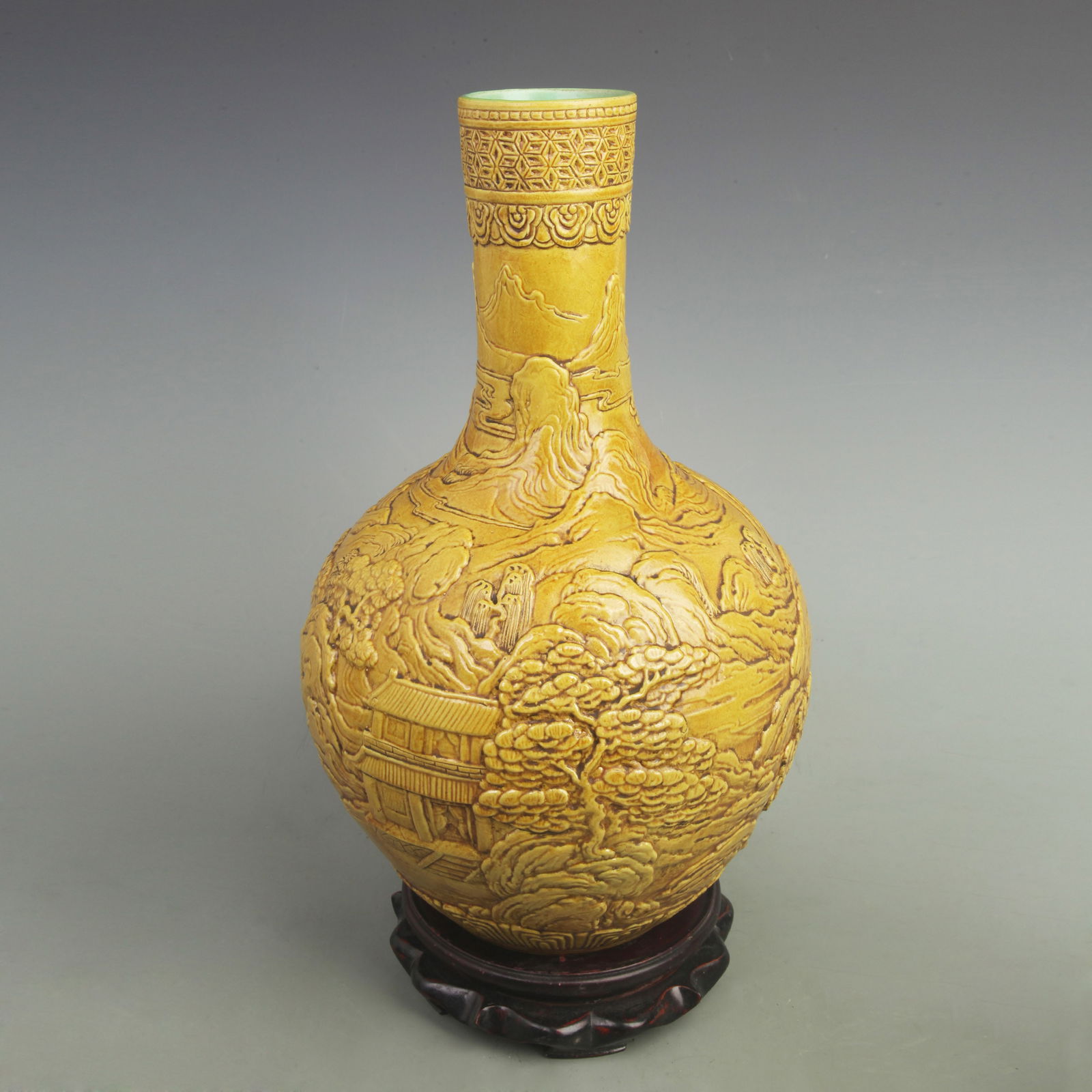 YELLOW GROUND CARVED LANDSCAPE CELESTIAL GLOBE PORCELAIN VASE (1 of 5)