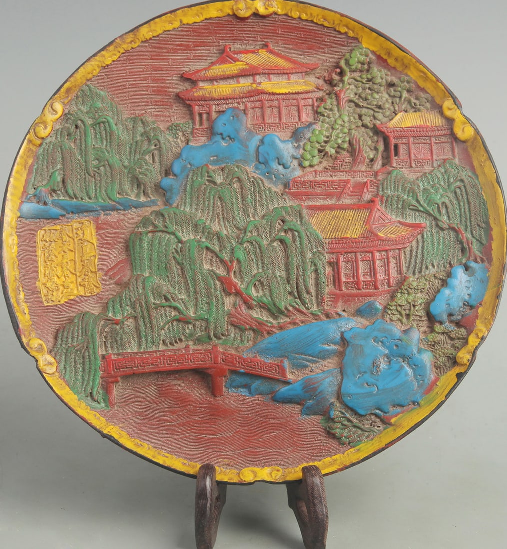 A FINE CARVED LACQUER MADE LANDSCAPING CARVING PLATE (1 of 4)