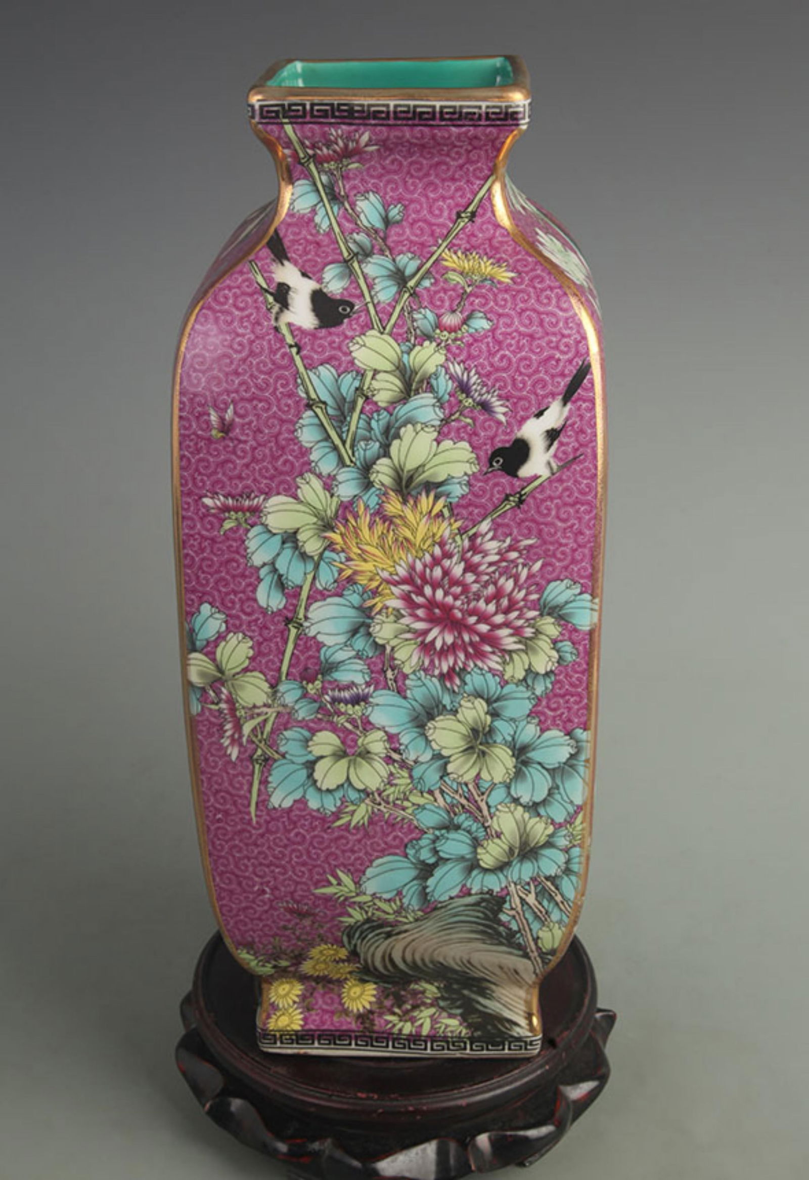 PURPLE GROUND FLORAL AND BIRD SQUARE PORCELAIN VASE (1 of 7)