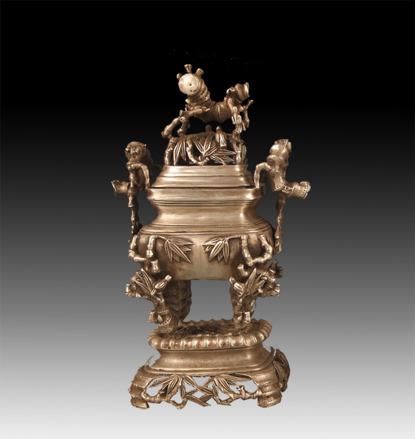 BRONZE THREE LAYER INCENSE BURNER WITH FLORAL AND BAMBOO PATTERN: 19th Century; High: 10.5 inch; Width: 2.5 inch; Long: 5.0 inch
