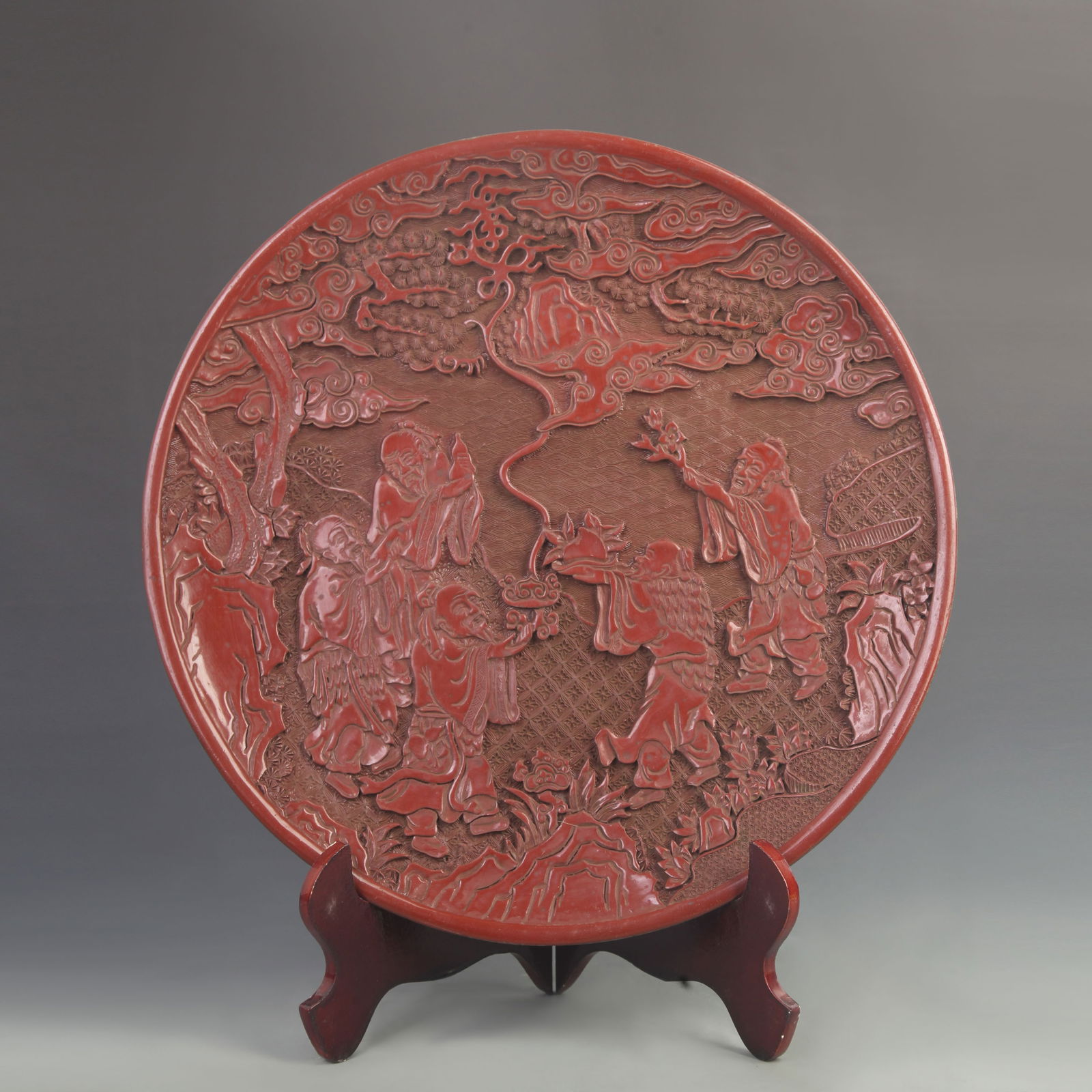 CARVED RED LACQUER PLATE WITH LONGEVITY WISHES FOR THE FIVE ELDERS UNDER THE PINE (1 of 5)