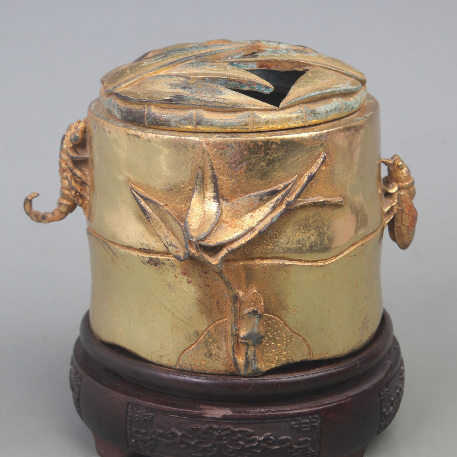 A GILT BRONZE BAMBOO SHAPED HIGH-FOOT INCENSE BURNER (1 of 6)