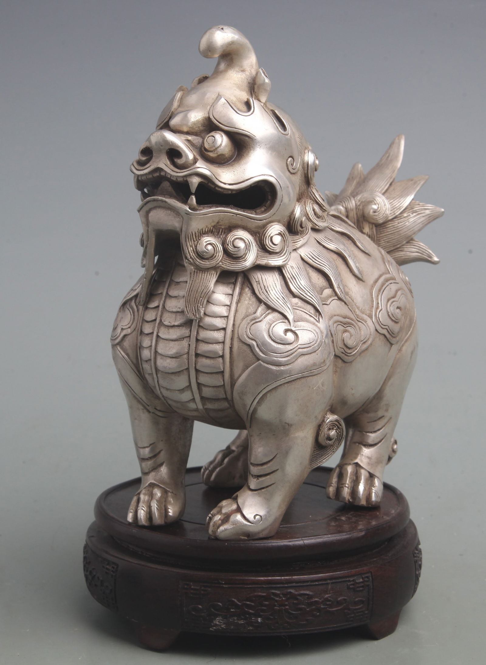 A FINE SILVER PLATED BRONZE AUSPICIOUS LION INCENSE BURNER (1 of 6)