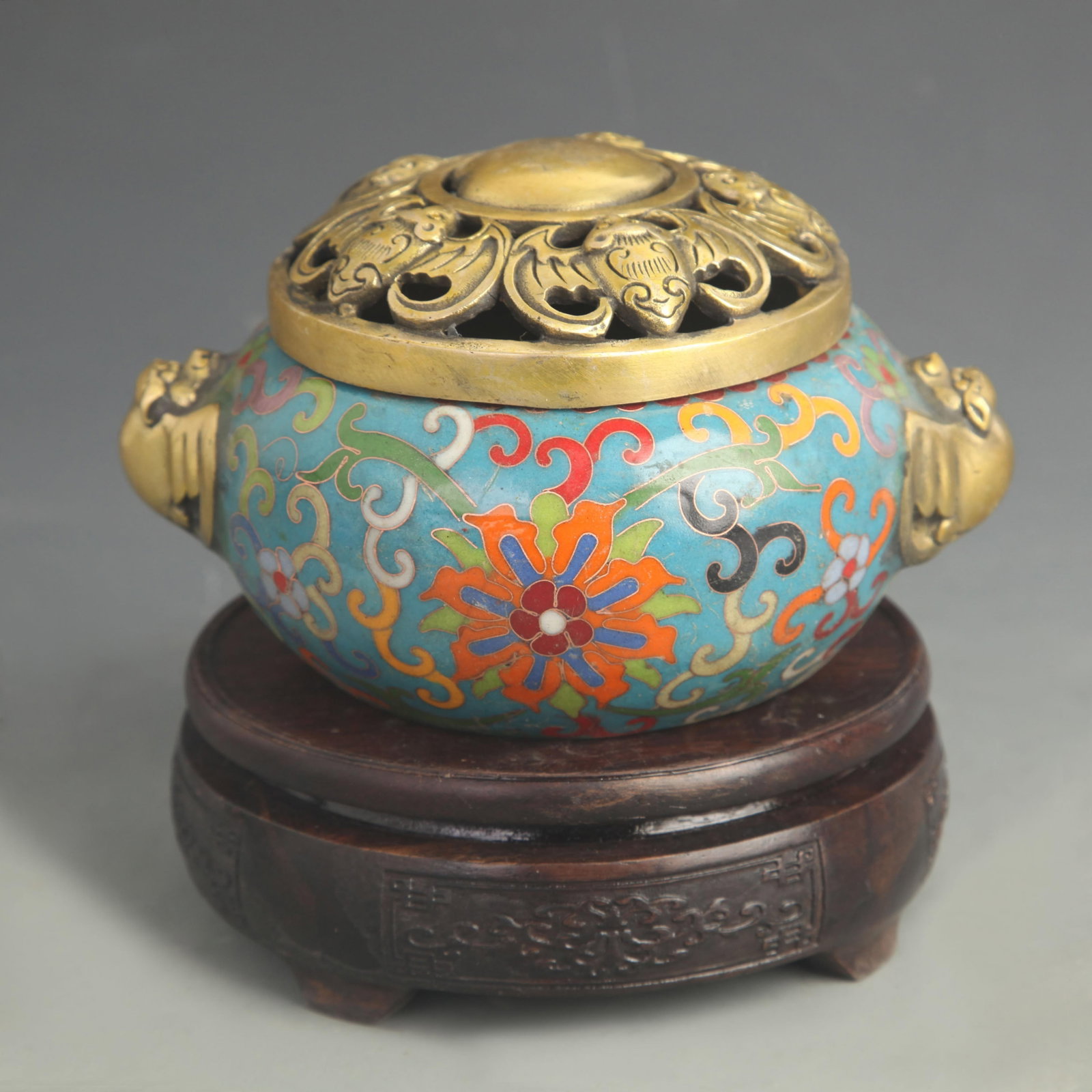 CLOISONNE ENAMEL FIVE BLESSINGS AND LONGEVITY INCENSE BURNER: Qing Dynasty; High: 3.50 inch; Diameter:3.50 inch