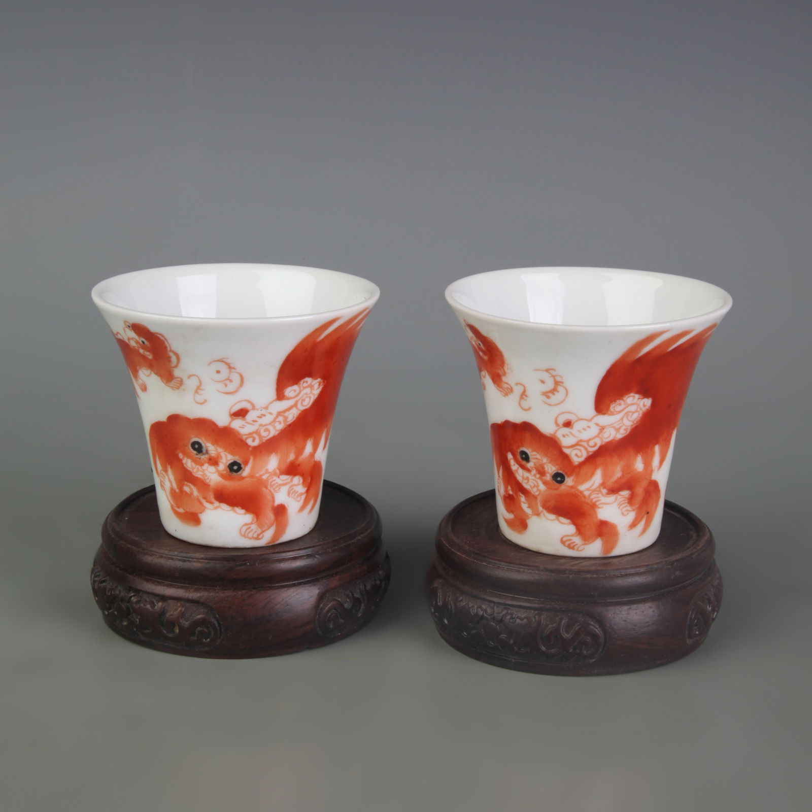 PAIR OF FAMILLE ROSE AUSPICIOUS BEAST PATTERN TEA CUPS (1 of 6)