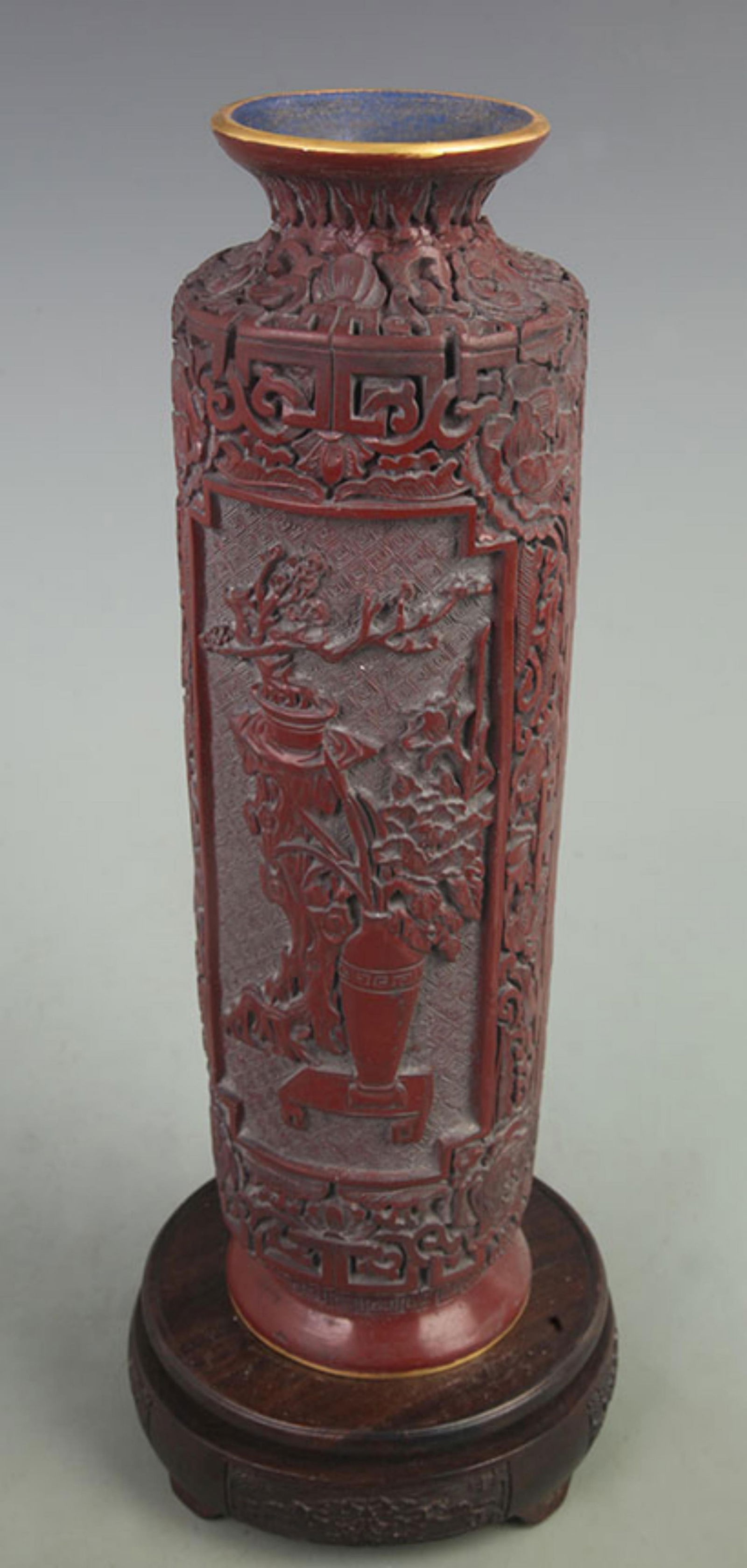 RED CARVED LACQUER BRONZE FILIGREE ANCESTRAL-STYLE VASE (1 of 5)