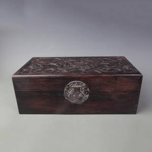 CARVED SANDALWOOD BOX WITH LONGEVITY AND GOOD FORTUNE MOTIFS: Qing Dynasty; Long: 14.0 inch; Width: 1.8 inch; High: 5.1 inch