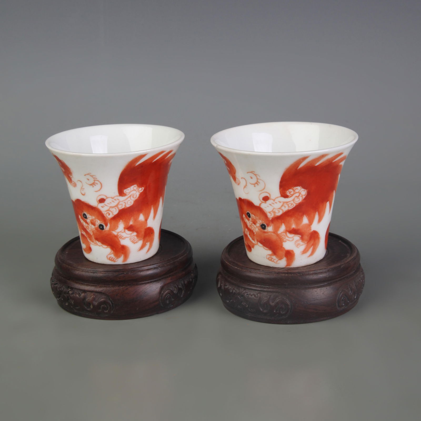 PAIR OF FAMILLE ROSE AUSPICIOUS BEAST PATTERN TEA CUPS (1 of 6)