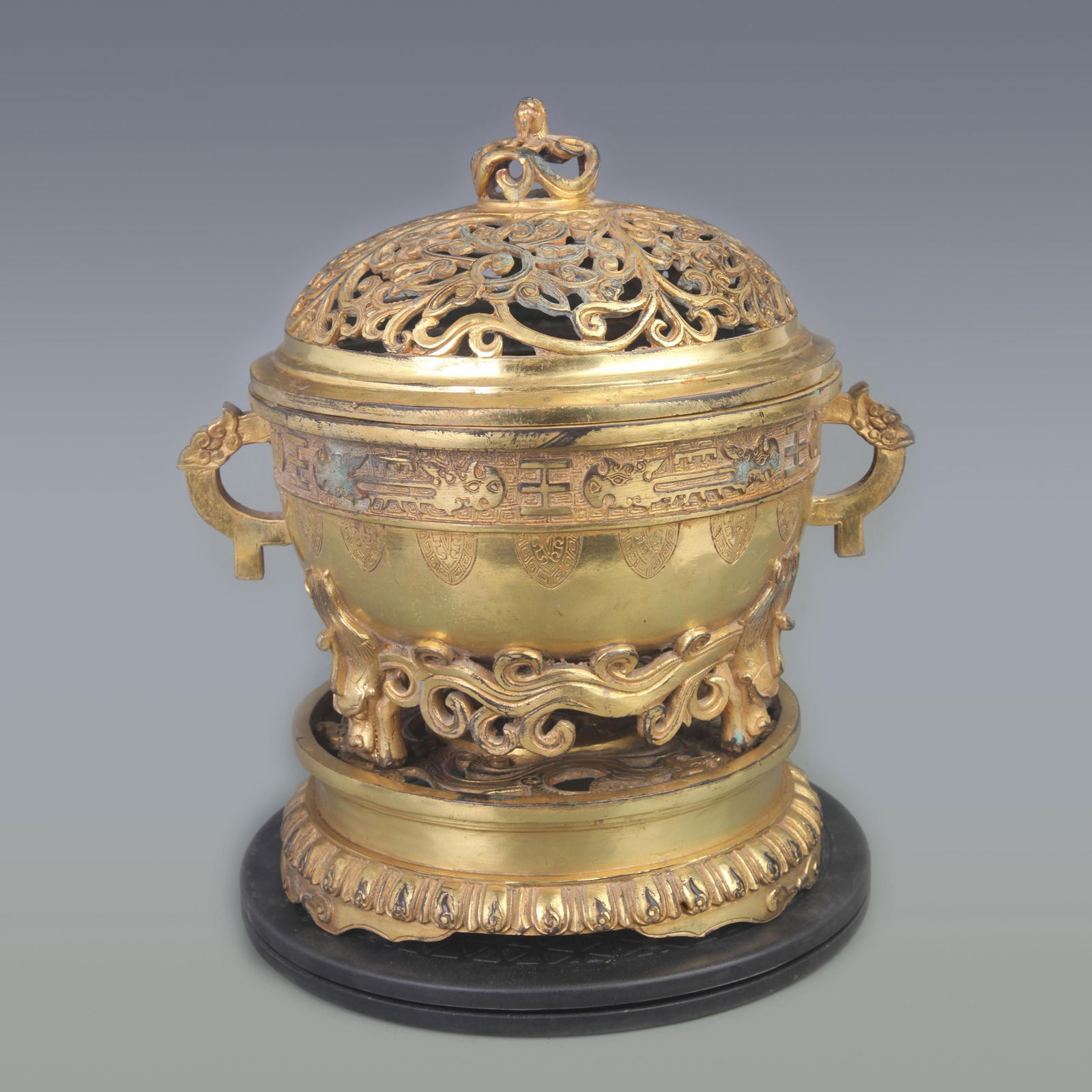 RARE GILT BRONZE DRAGON AND FLOWER PATTERN INCENSE BURNER (1 of 6)