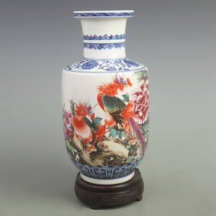 FAMILLE ROSE PORCELAIN VASE WITH PHOENIX AND PEONY DESIGN: Qing Dynasty,Yong Zheng Period, High:12.6 inch; Width:7 inch;