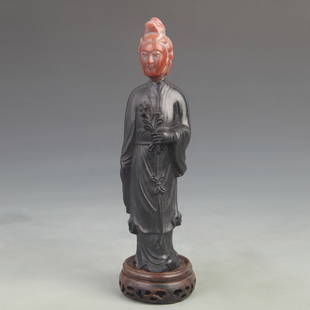 SANDALWOOD INLAID SHOUSHAN STONE CARVED FEMALE STATUE: 20th Century, High:8.25 inch; Width:2.25 inch;