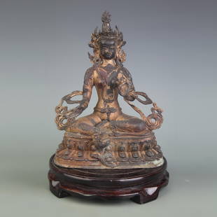 A FINE BRONZE GREEN TARA BUDDHA STATUE: Qing Dynasty; High:8.5 inch;