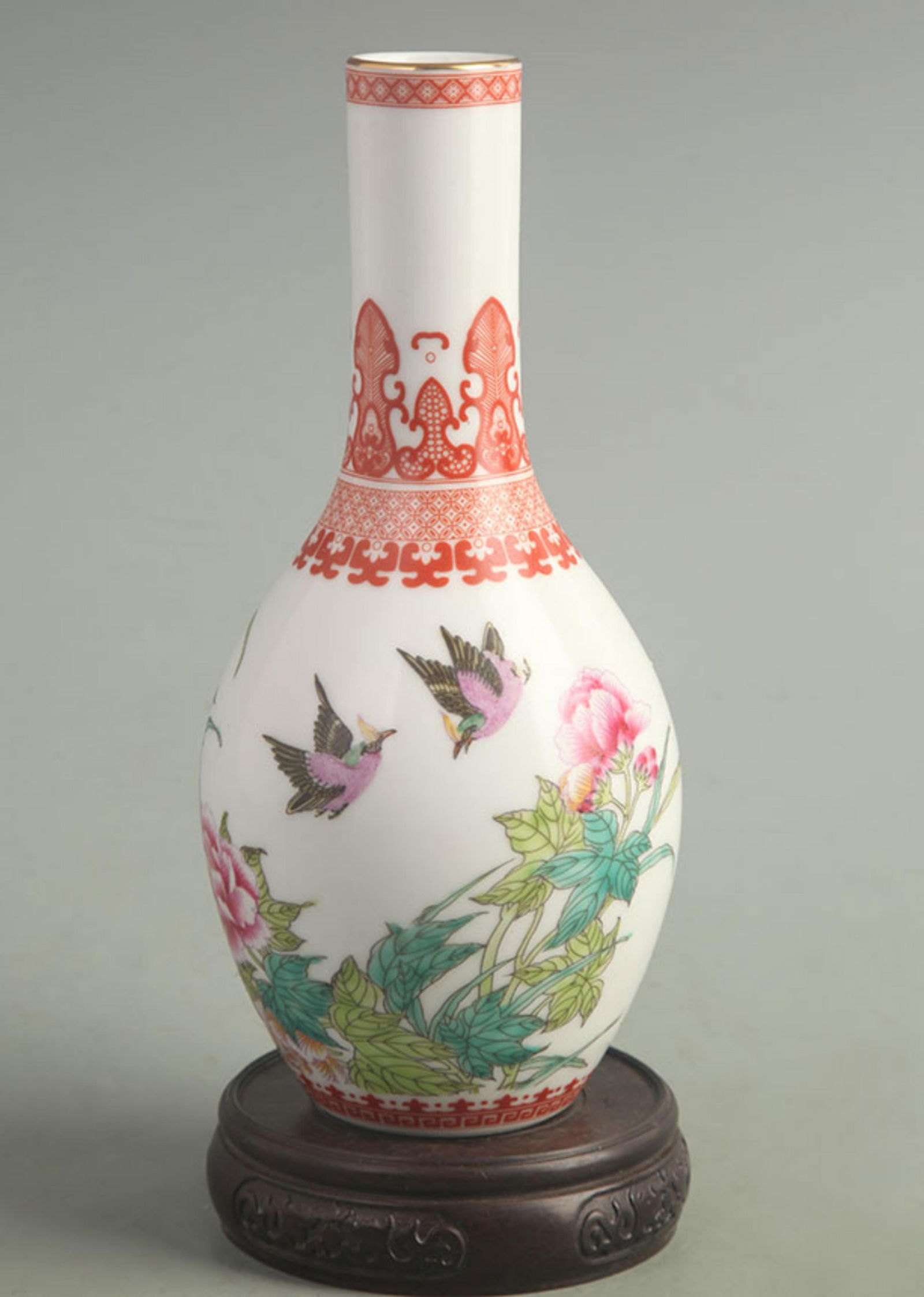 CLOISONNE GLAZED PEONY FLOWER AND BIRD PATTERN LONG-NECKED PORCELAIN VASE (1 of 5)