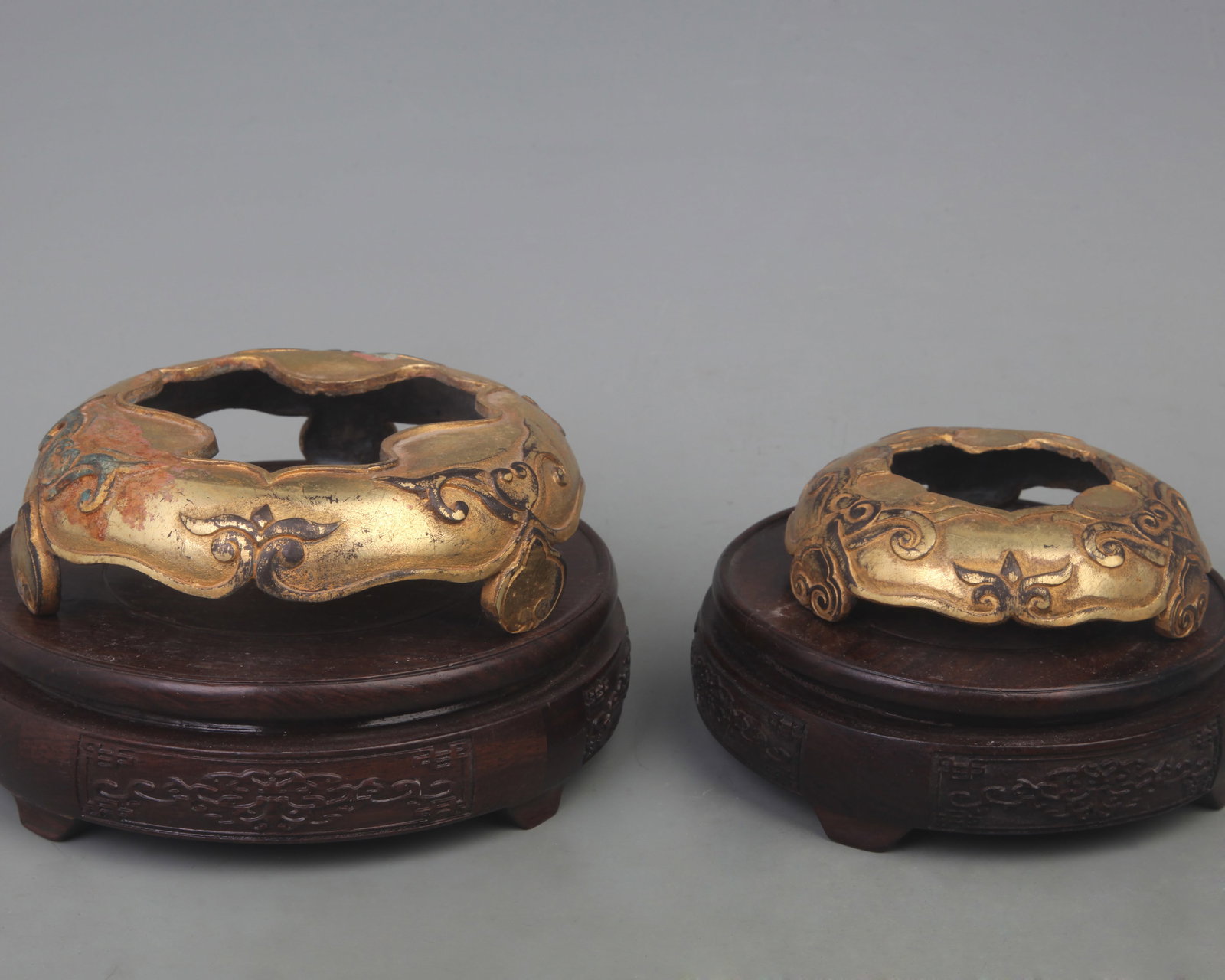 PAIR OF BRONZE INCENSE BURNER BASES: Qing Dynasty; Diameter: 5.3 inch; High: 1.6 inch;