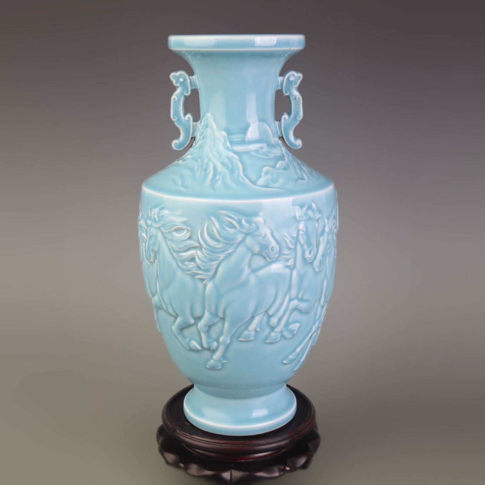 LIGHT BLUE COLOR GLAZED HORSE CARVED DOUBLE EAR PORCELAIN VASE (1 of 5)