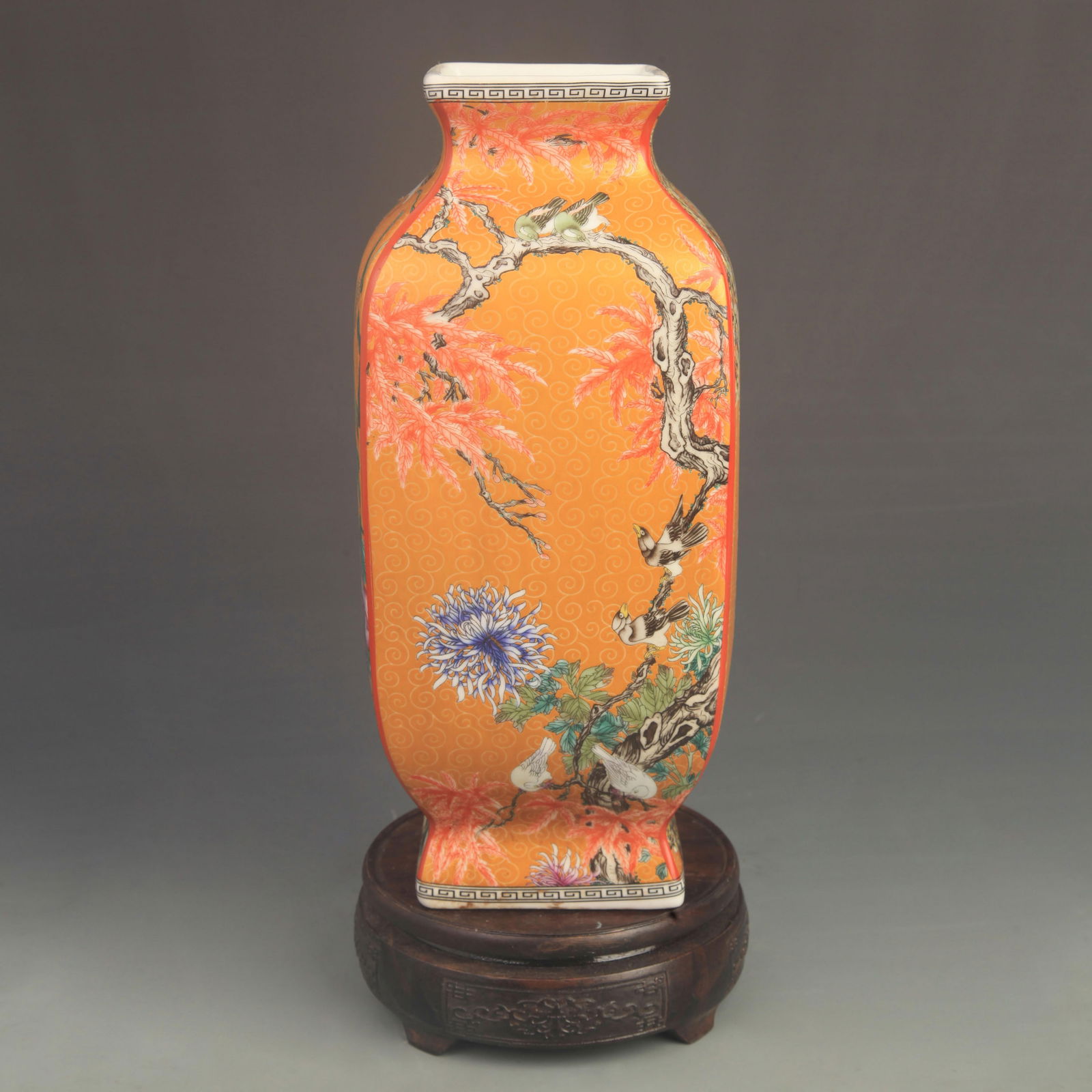 FAMILLE ROSE YELLOW GROUND FLOWER AND BIRD PATTERN PORCELAIN VASE (1 of 7)