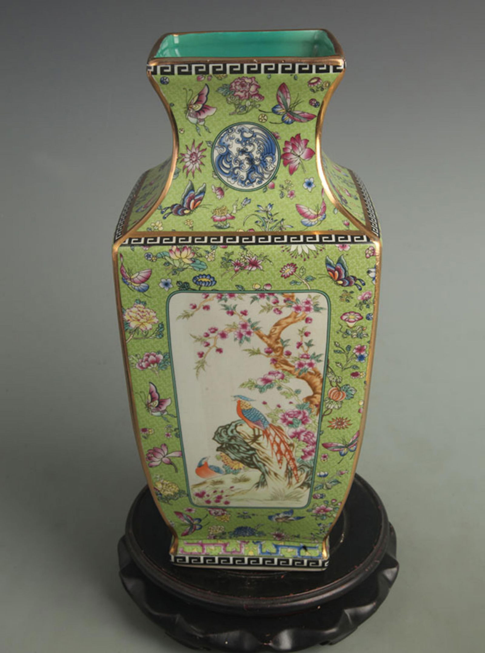 CLOISONNE COLOR GREEN GROUND FLOWER AND BIRD PATTERN PORCELAIN VASE (1 of 7)