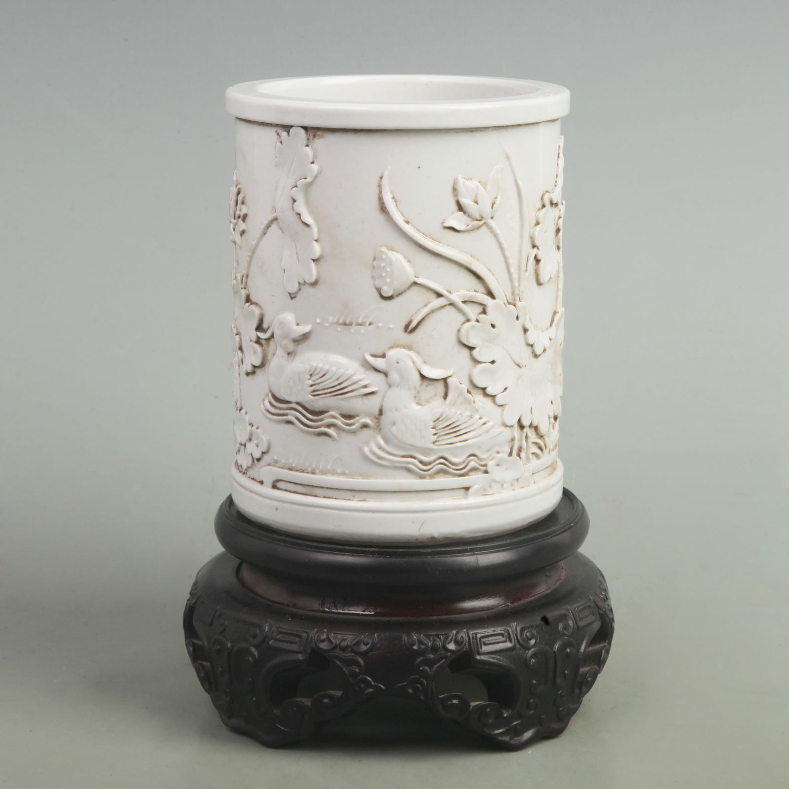 WANG BINGRONG MARK LOTUS AND MANDARIN PATTERN PORCELAIN BRUSH POT (1 of 5)