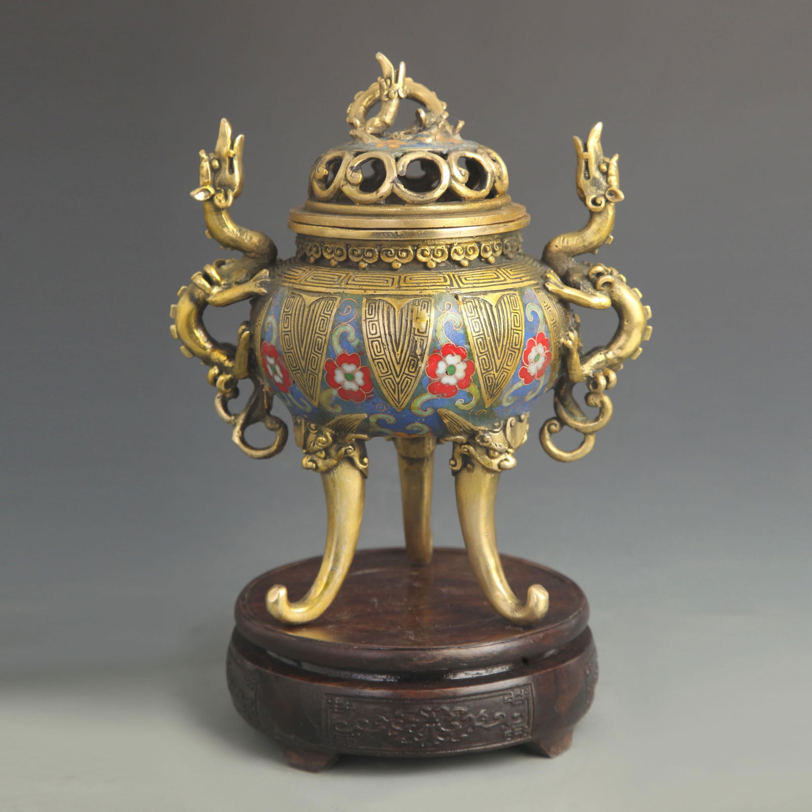 CLOISONNE ENAMEL DRAGON HANDLE PATTERN INCENSE BURNER (1 of 7)