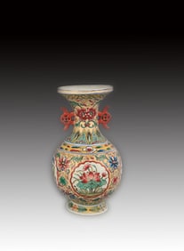 ENAMEL COLOR LOTUS PATTERN DOUBLE HANDLE VASE