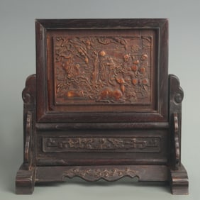 BLACK EBONY WOOD TABLE SCREEN WITH FU, LU, SHOU PATTERN