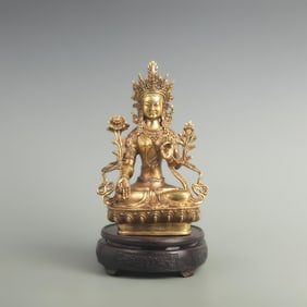 A FINE GILT BRONZE GREEN TARA GODDESS STATUE