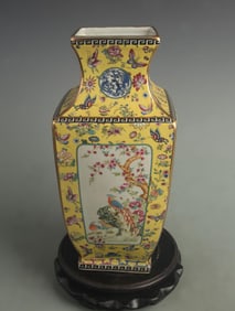 FAMILLE ROSE YELLOW GROUND SQUARE PORCELAIN VASE WITH FLORAL AND BIRD MOTIF