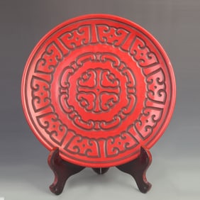CARVED RED COLOR RUYI DESIGN WOODEN PLATE