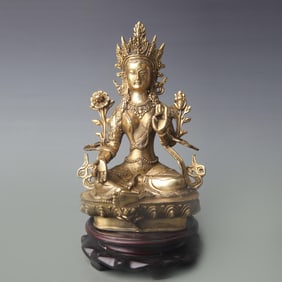 A FINE BRONZE GREEN TARA BUDDHA STATUE