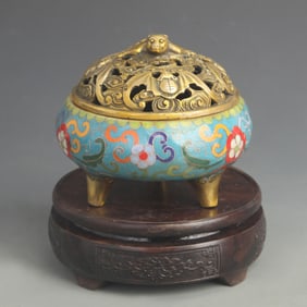 CLOISONNE ENAMEL FLORAL PATTERN FIVE BLESSINGS BRONZE INCENSE BURNER