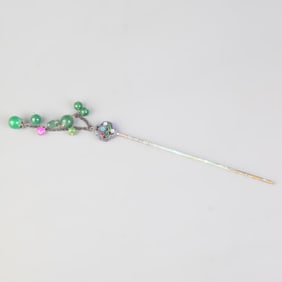 A FINE CLOISONNE ENAMEL JADE HAIRPIN