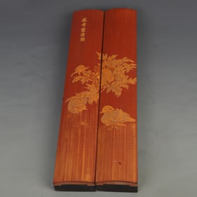 PAIR OF EBONY WOOD INLAID WITH BAMBOO WOODEN PAPER WEIGHT
