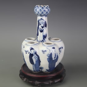 BLUE AND WHITE FIGURE PATTERN SIX-HOLE PORCELAIN VASE