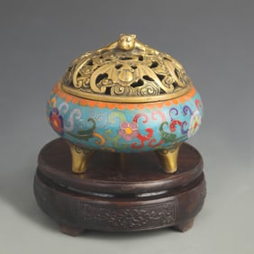 CLOISONNE ENAMEL TWINING BRANCH FIVE BLESSINGS INCENSE BURNER