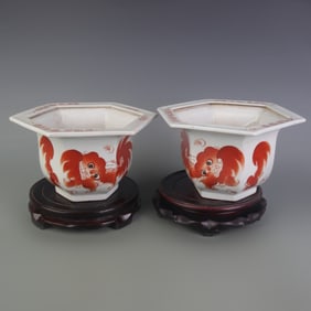 PAIR OF FAMILLE ROSE HEXAGONAL PORCELAIN PLANTERS