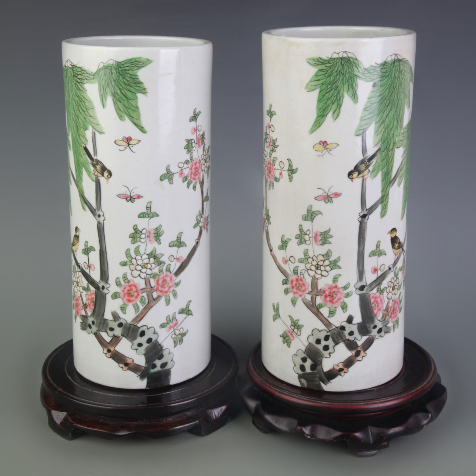 PAIR OF FAMILLE ROSE HAT STAND VASE WITH FLOWER AND BIRD PATTERNS (1 of 11)