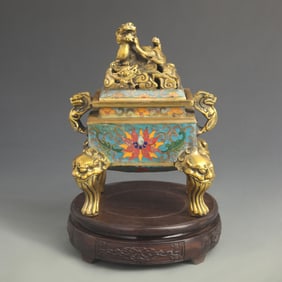 CLOISONNE ENTWINED LOTUS AND LION PATTERN SQUARE INCENSE BURNER