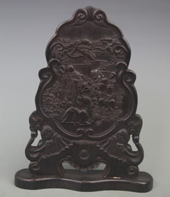 OLD REDWOOD CARVED FU, LU, SHOU DESIGN TABLE SCREEN