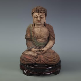 PAINTED WOOD CARVED BUDDHA STATUE