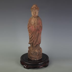 PAINTED WOOD CARVED GUANYIN STATUE