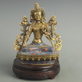 A FINE BRONZE ENAMEL CLOISONNE GREEN TARA STATUE