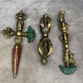 GROUP OF THREE CLOISONNE ENAMEL BRONZE TIBETAN OBJECT