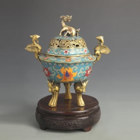 CLOISONNE ENAMEL TWINING BRANCH LOTUS PATTERN DOUBLE PHOENIX INCENSE BURNER