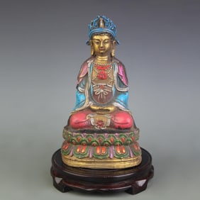 A FINE PAINTED BRONZE GUANYIN STATUE