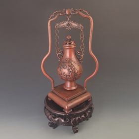 RARE BRONZE VASE WITH FLOWER LADY DESIGN, DOUBLE DRAGON FRAME, AND MOVABLE RING HANGING VASE