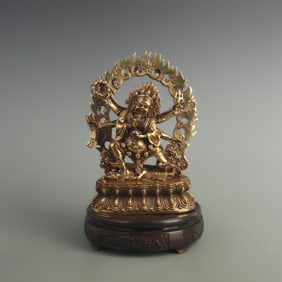 BRONZE GILDED SIX-ARMED MAHAKALA PROTECTOR FIGURE